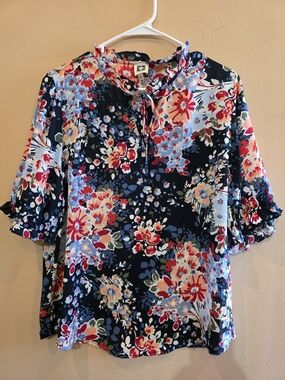 Anne Klein Short Sleeve Navy Floral Ruffle Tie-Neck Blouse Size L